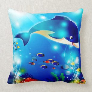 Dolphin & Colorful Sea-Life Digitale Illustration Kissen