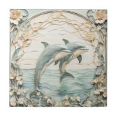 Dolphin Couple Art Nouveau Imitats Relief Minze Bl Fliese (Vorderseite)