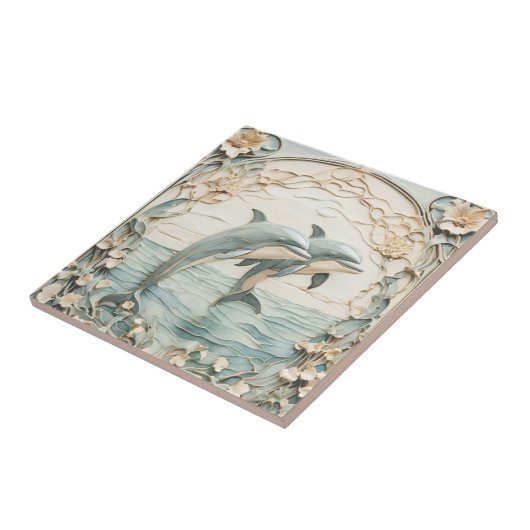 Dolphin Couple Art Nouveau Imitats Relief Minze Bl Fliese (Seite)