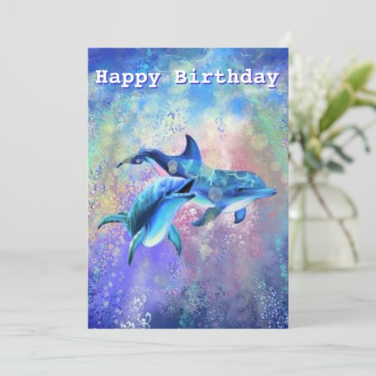 Dolphin Couple Happy Birthday Card Karte (Stehend Vorderseite)