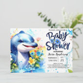 Dolphin Dance Deep Blue Boy Baby Dusche Einladung (Stehend Vorderseite)