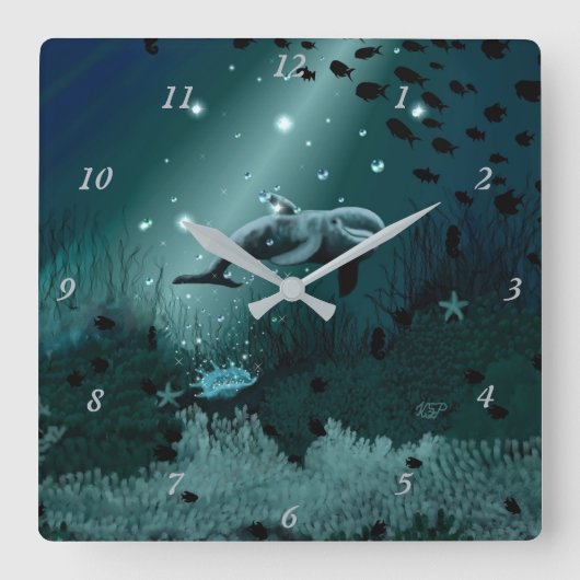 Dolphin Dream Quadratische Wanduhr (Vorderseite)