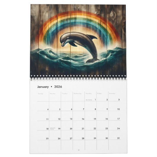 Dolphin Dreams on Rustic Wood 2025 Kalender (Jan 2026)