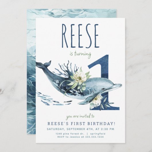 Dolphin Einladung zum 1. Geburtstag (Vorne/Hinten)