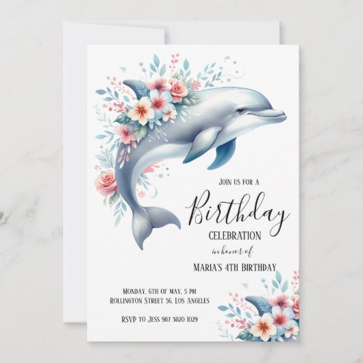 Dolphin Floral Geburtstagsparty Einladung (Vorderseite)