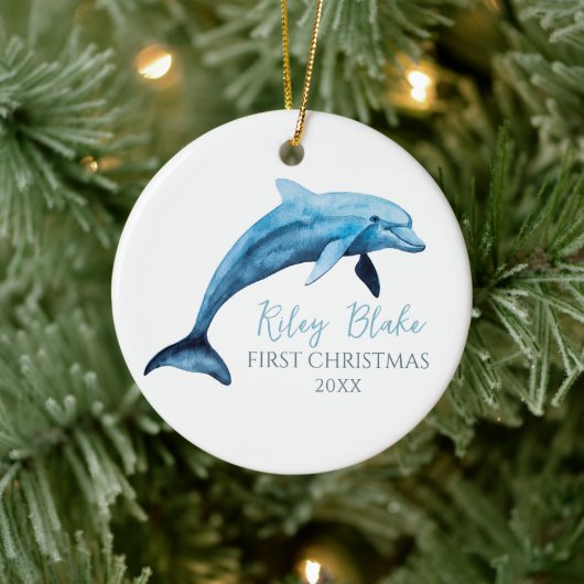 Dolphin Illustration Baby First Christmas Keramik Ornament (Baum)