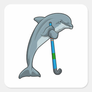Dolphin im Hockey mit Hockeystick Quadratischer Aufkleber