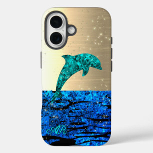 Dolphin im Meer, funkelnd, mit Monogramm iPhone 16 Hülle