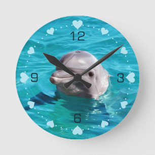 Dolphin in Blue Water Hearts Numbered Runde Wanduhr