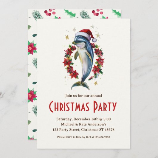 Dolphin in einer Weihnachtsmannmütze Poinsettias W Einladung (Vorne/Hinten)