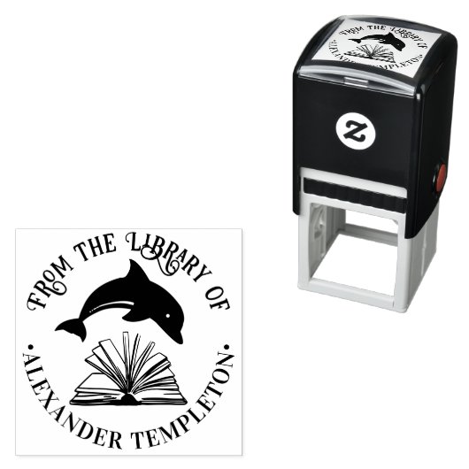 Dolphin Jumping over Open Book Library Name Permastempel (Beispiel)