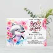 Dolphin Kisses Girl Babydusche Einladung (Stehend Vorderseite)