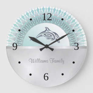 Dolphin Mandala Silver Coastal Familienname Große Wanduhr