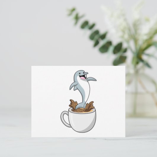 Dolphin mit Kaffee-Cup Postkarte (Stehend Vorderseite)