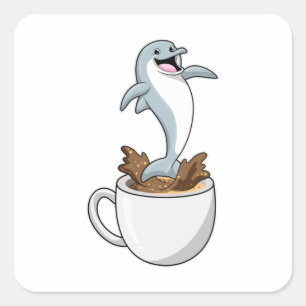 Dolphin mit Kaffee-Cup Quadratischer Aufkleber