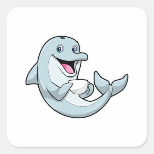Dolphin mit Kaffee-Cup Quadratischer Aufkleber