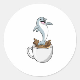 Dolphin mit Kaffee-Cup Runder Aufkleber
