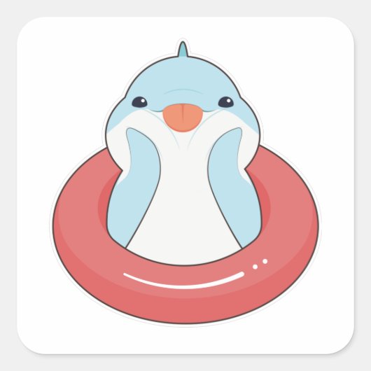 Dolphin mit Swim-Ring Quadratischer Aufkleber (Vorderseite)