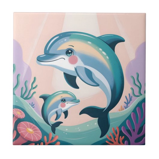 Dolphin Mom and Baby Fliese (Vorderseite)