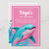 Dolphin Pink Aquamarin Blue Summer Beach Pool Gebu Einladung (Vorne/Hinten)