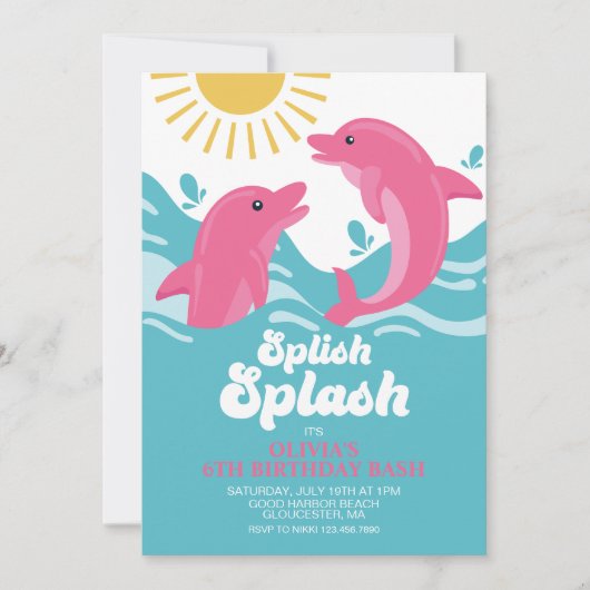 Dolphin Rosa und Lila Geburtstag Einladung (Vorderseite)