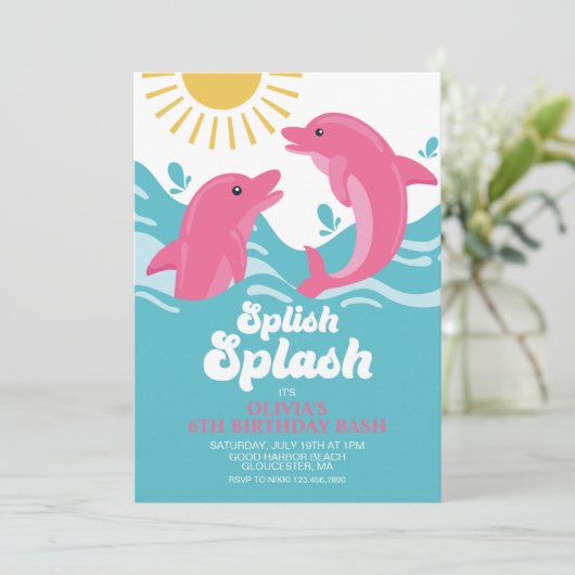 Dolphin Rosa und Lila Geburtstag Einladung (Stehend Vorderseite)