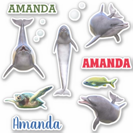 Dolphin Sea Life Set Name Monogram Aufkleber (Vorderseite)