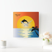 DOLPHIN-SILHOUETTE AM SUNSET SQUARE WANDSCHALTER QUADRATISCHE WANDUHR (Zuhause)