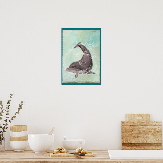 Dolphin Splashing Around in Aqua Green Water Poster (Küche)