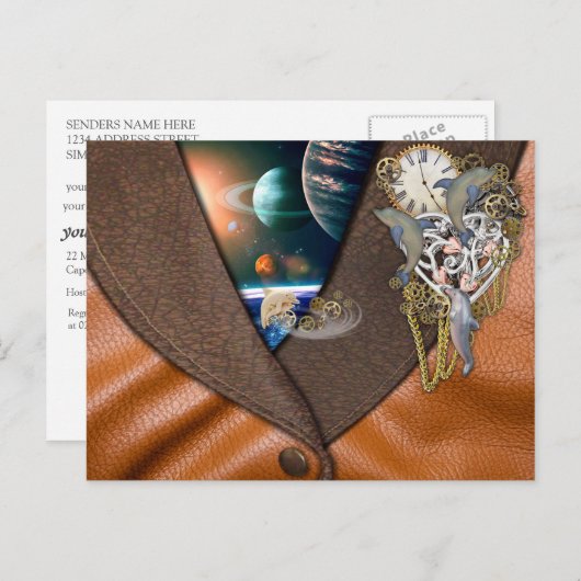 Dolphin Steampunk Time on Leather Texture Postkarte (Vorne/Hinten)
