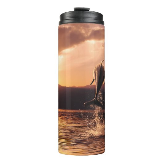Dolphin Sunset: Schöner Ozean Jump Thermosbecher (Vorderseite)