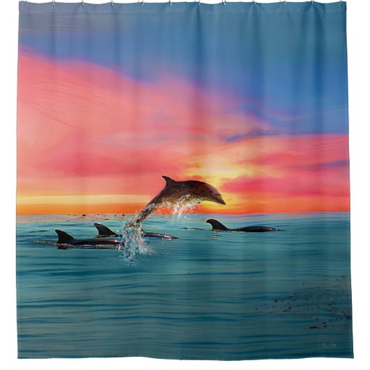 Dolphin Tropical Beach Sunset Seascape Duschvorhang (Vorderseite)