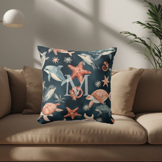 Dolphin Turtle Marine Life Coastal Nursery Decor Kissen