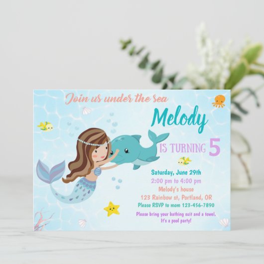 Dolphin und Meerjungfrau Einladung zum Geburtstag (Stehend Vorderseite)