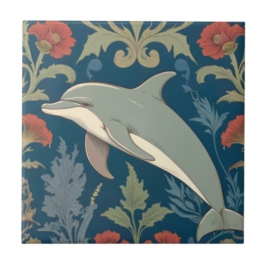 Dolphin William Morris-Stil Nautical floral Verlas Fliese (Vorderseite)