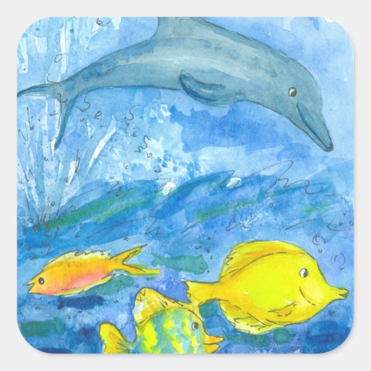 Dolphin Yellow Tang Tropischer Fisch Quadratischer Aufkleber (Vorderseite)