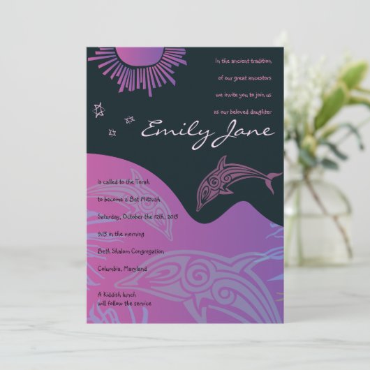 DOLPHINS Bat Mitzvah Einladung in Rosa (Stehend Vorderseite)