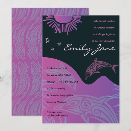 DOLPHINS Bat Mitzvah Einladung in Rosa (Vorne/Hinten)