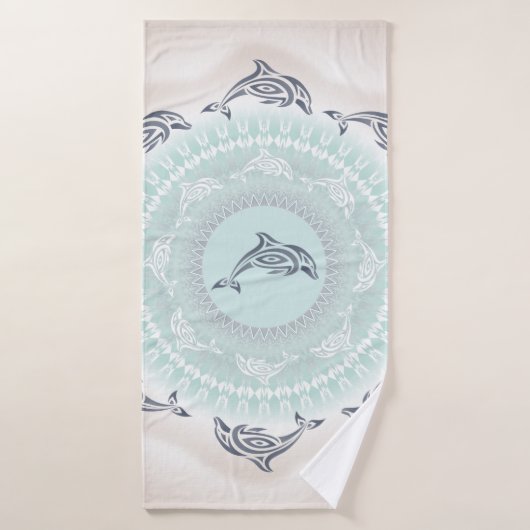 Dolphins Mandala Pale Blue Taupe Badehandtuch (Badehandtuch)