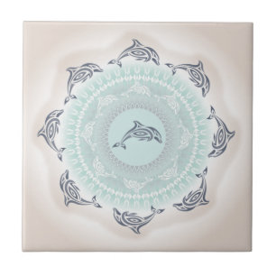 Dolphins Mandala Pale Blue Taupe Fliese