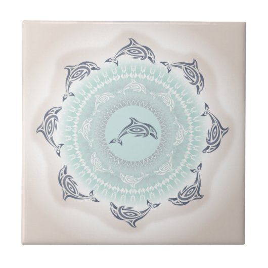 Dolphins Mandala Pale Blue Taupe Fliese (Vorderseite)