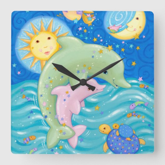 Dolphins Play Quadratische Wanduhr (Vorderseite)