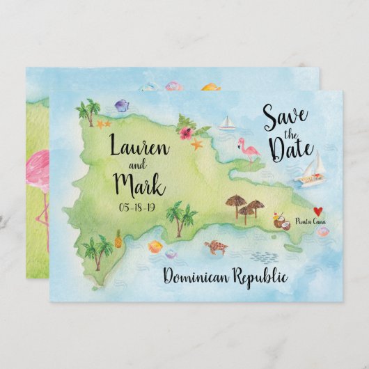 Dominikanische Republik - Aquarellfarbe Save the D Save The Date (Vorne/Hinten)