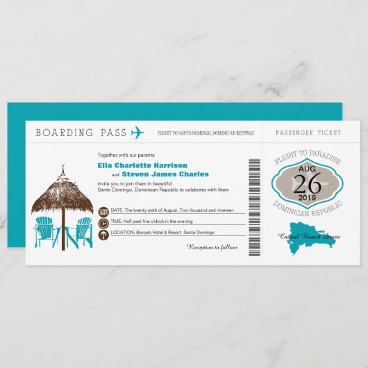 Dominikanische Republik Boarding Pass Hochzeit Einladung (Vorne/Hinten)