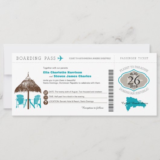 Dominikanische Republik Boarding Pass Hochzeit Einladung (Vorderseite)