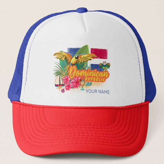 Dominikanische Republik Retro Caribbean Parrot Truckerkappe (Vorderseite)