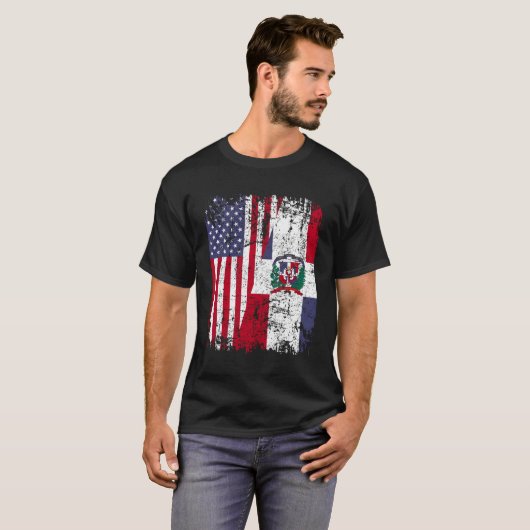 Dominikanische Roots Halbamerikanische Flagge Domi T-Shirt (Vorne ganz)