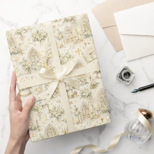 Domkirchen-Hochzeit-Watercolor Elfenbein Gold Geschenkpapier