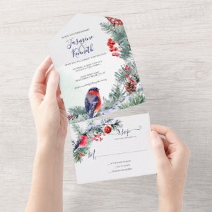 Dompfaff, Weihnachtsstern, Kiefern Winterhochzeit All In One Einladung