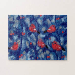 Dompfaffen, rote Vögel, blaue Wald Bäume, Faserkun Puzzle